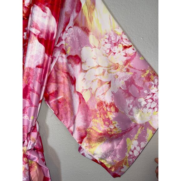 Natori Satin Full Bloom Watercolor Kimono Robe XL Pink Yellow Watercolor Kimono - Picture 2 of 7